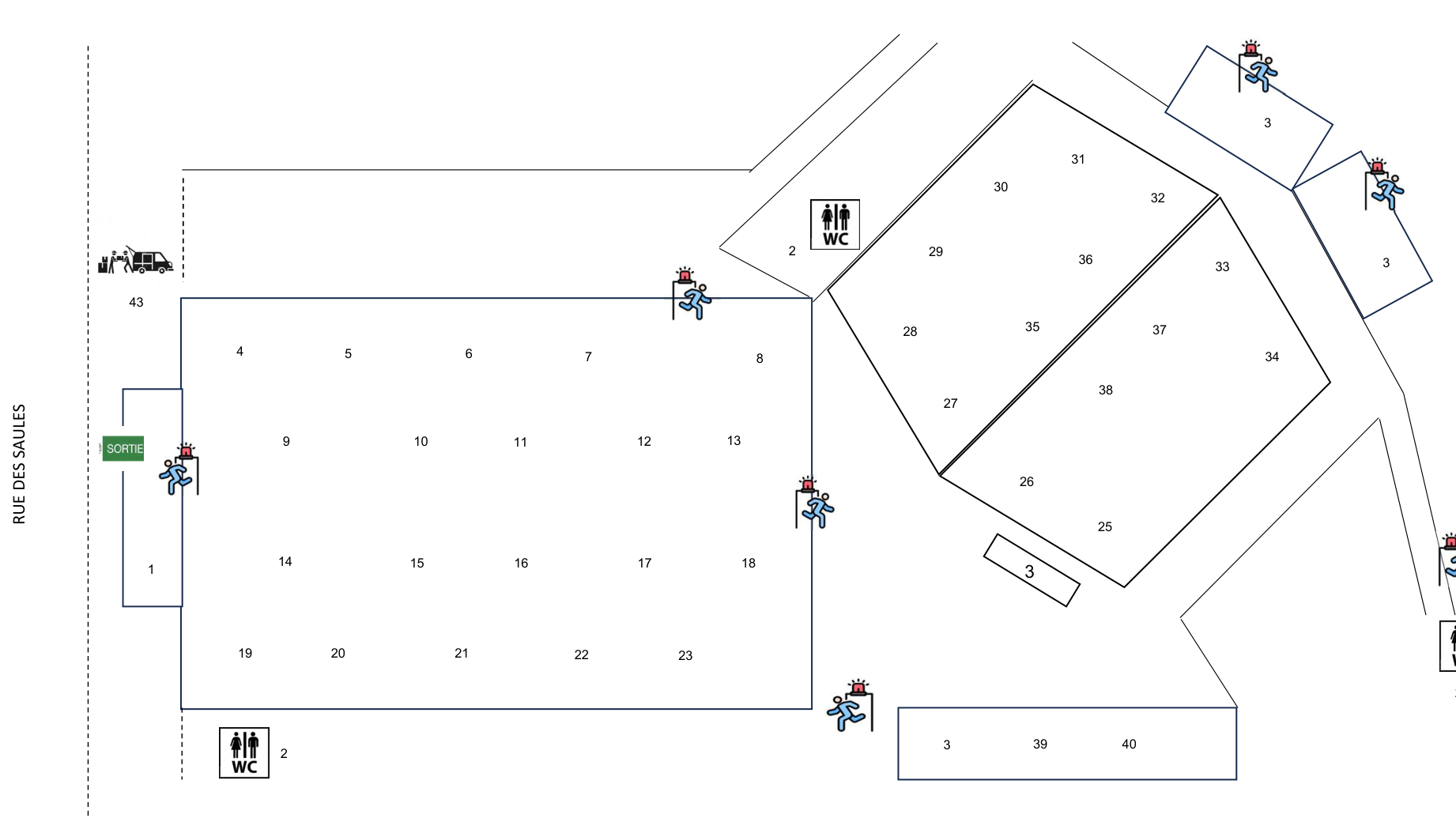 Plan du salon avec les numéros de stands, l'accueil, les toilettes, la restauration et les sorties de secours
